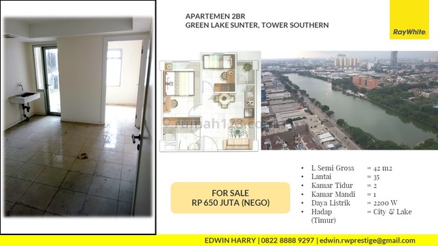Apartemen 2BR Green Lake Sunter Tower Southern Lt. Atas Kosong, City & Lake View Sunter, Sunter, Jakarta Utara