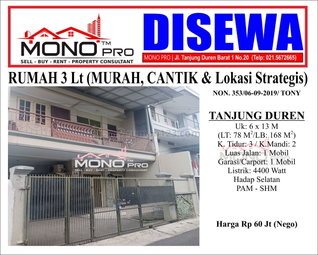 RUMAH CANTIK 3 Lt (Lokasi Nyaman & Strategis) | NON.353, Taman Ratu, Jakarta Barat