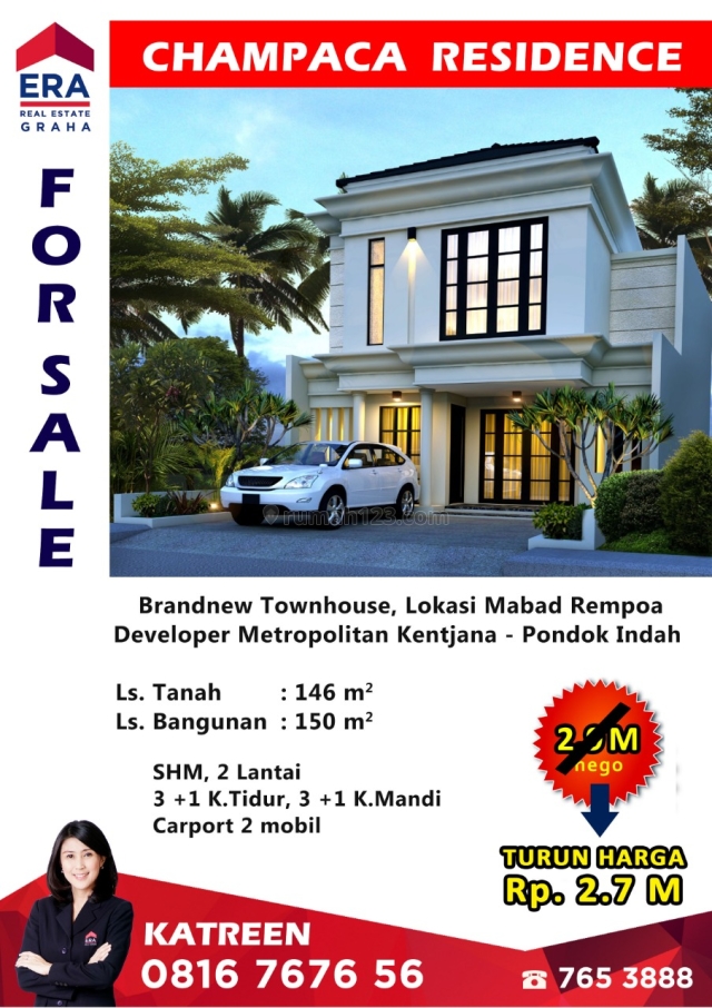 Brandnew Townhouse, Champaca Residence, TURUN HARGA, NEGO TIPIS !!!!, Ciputat Timur, Tangerang Selatan