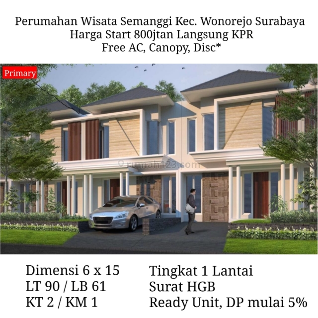 Rumah Minimalis Wisata Semanggi Free Biaya - Wonorejo Semampir Rungkut Siap Huni, Wonorejo, Surabaya